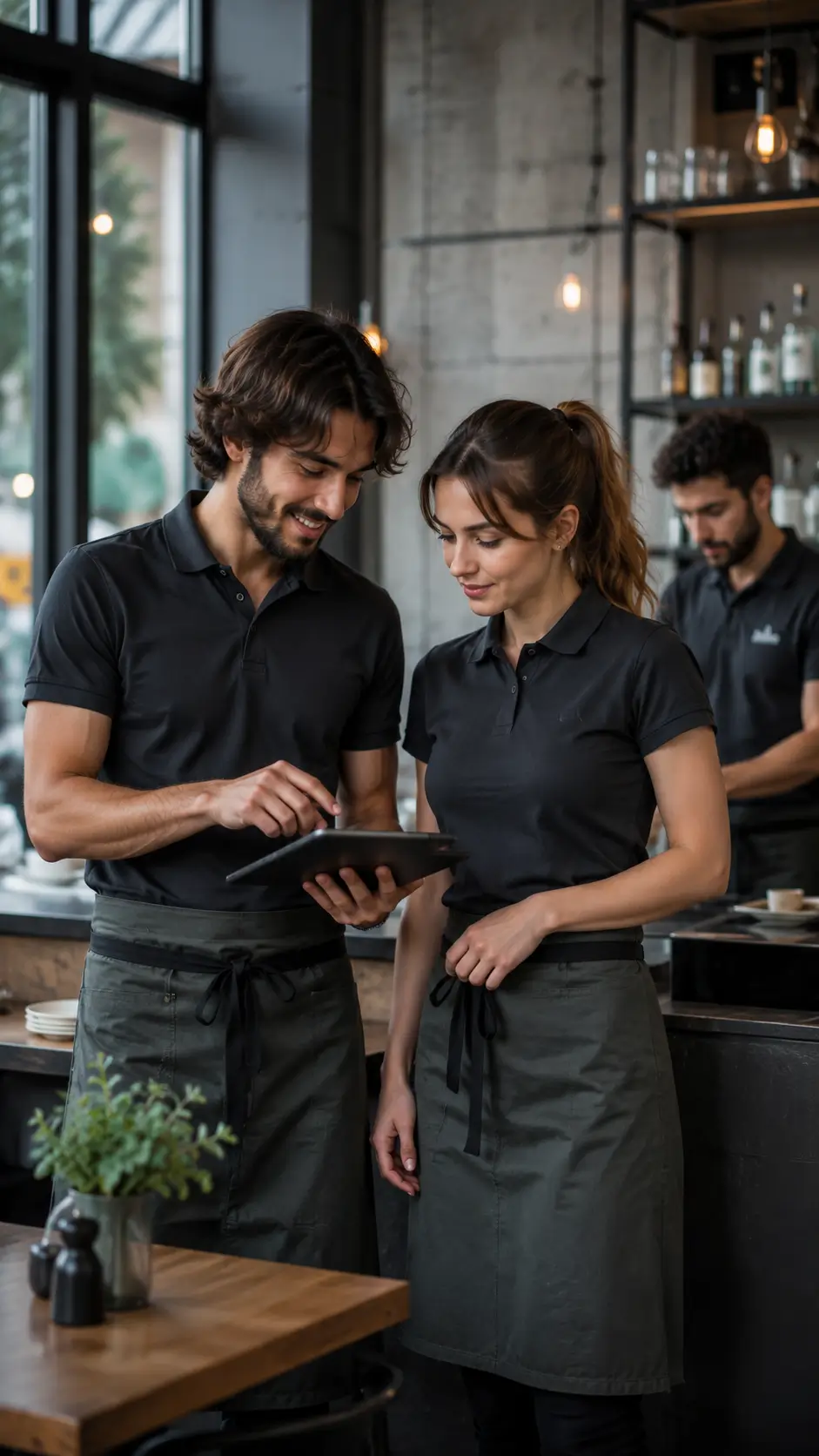 Equipo de restaurante usando dotaciones empresariales modernas y uniformes corporativos