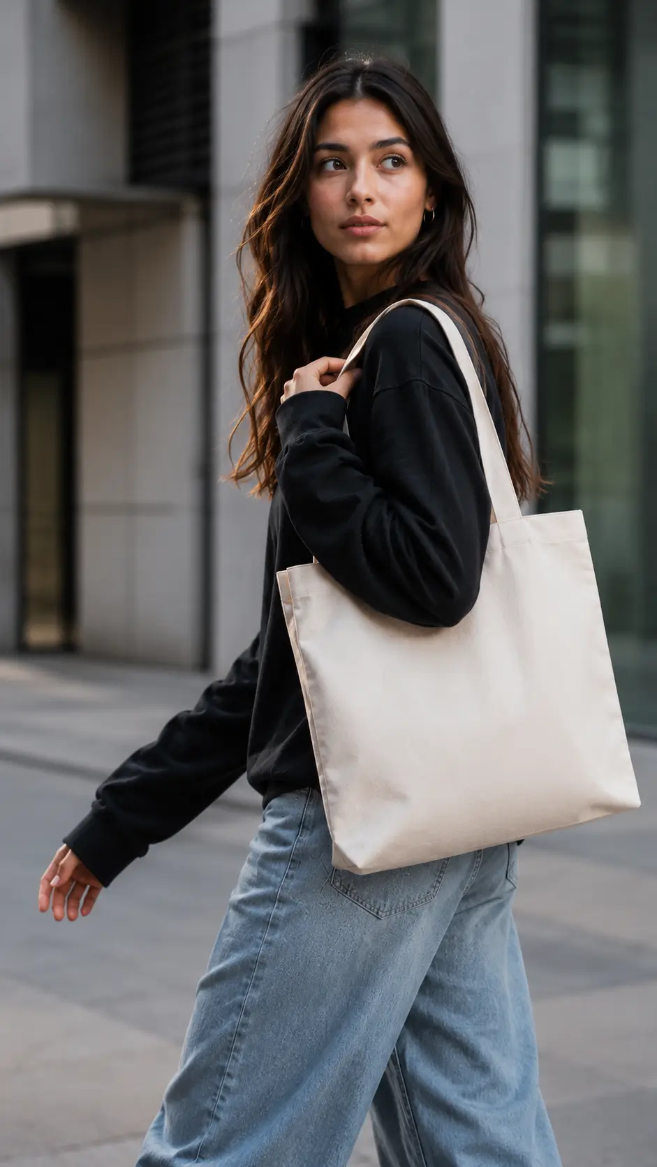 Mujer usando totebag personalizado fabricado en producción textil profesional