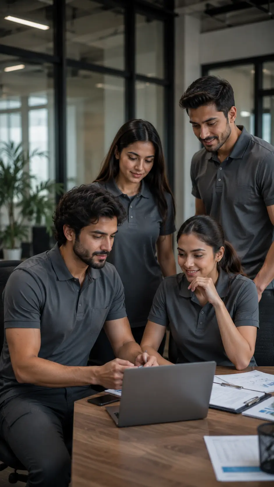 Equipo empresarial usando uniformes corporativos personalizados