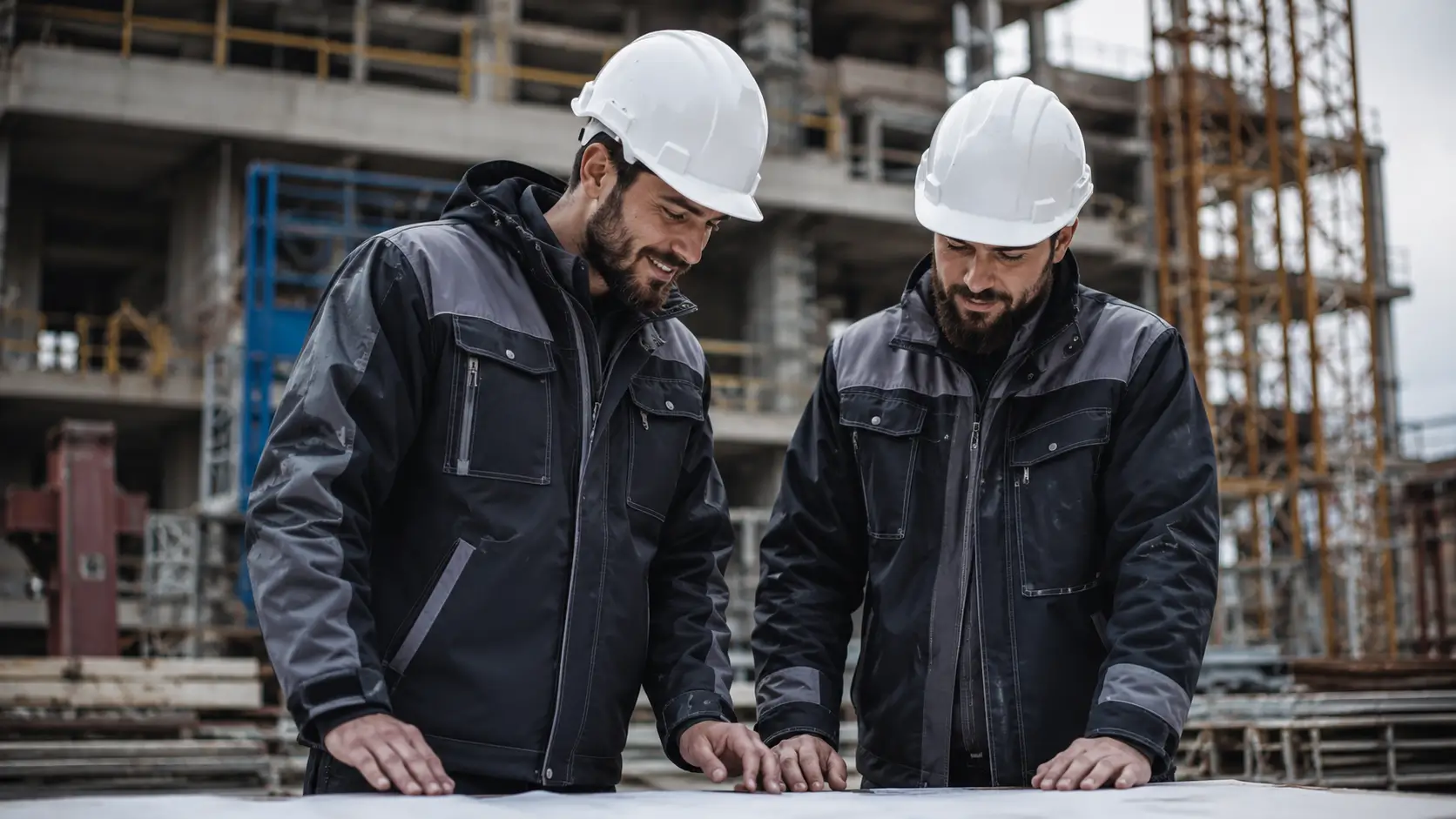 Trabajadores usando uniformes industriales y dotaciones empresariales de construcción